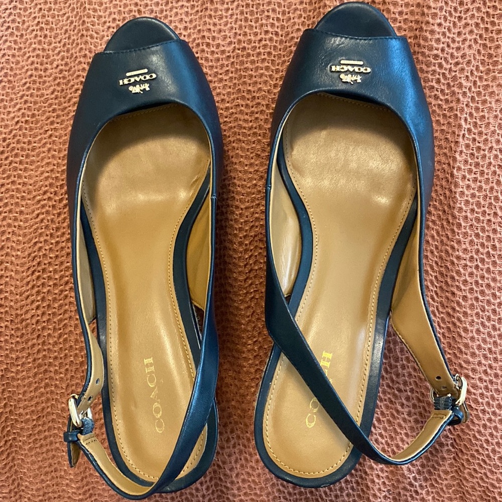 Navy leather coach wedge sling backs
